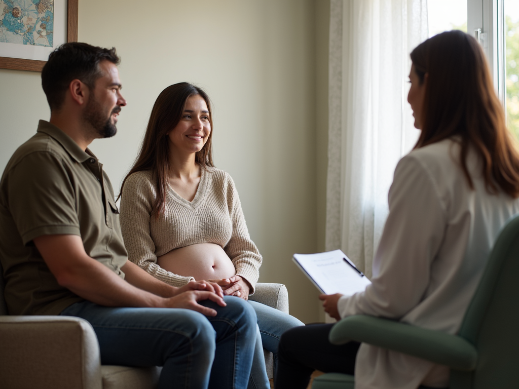 Couple consulting with fertility specialist in a welcoming office setting