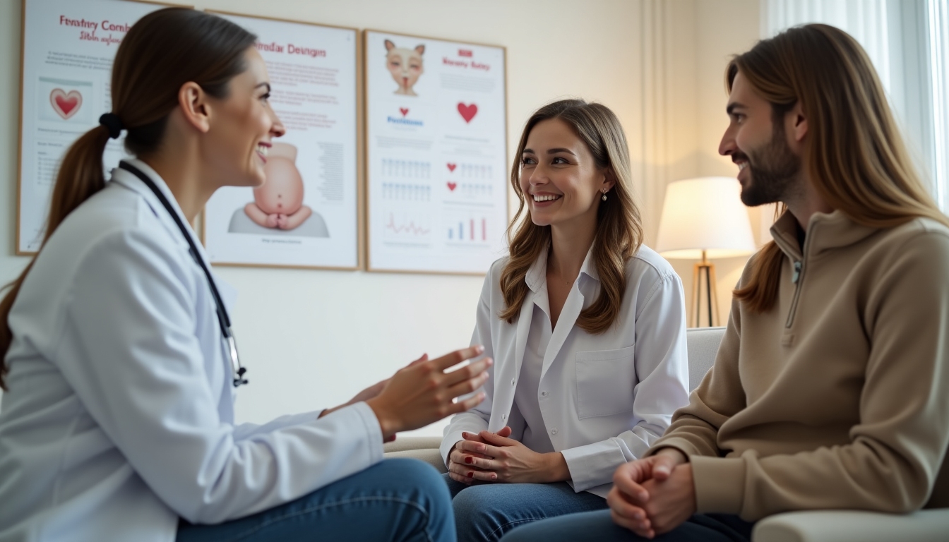 A couple attentively listening to their fertility specialist during a consultation.