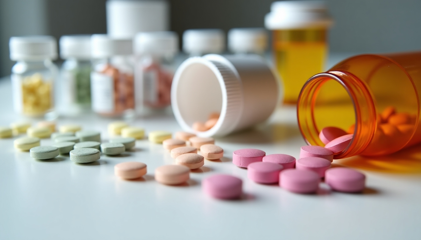 Close-up image of different IVF medications placed on a table, emphasizing their variety and purpose.