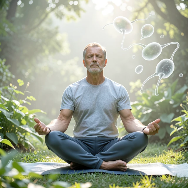 Older man using mindful exercise to address age-related sperm quality changes