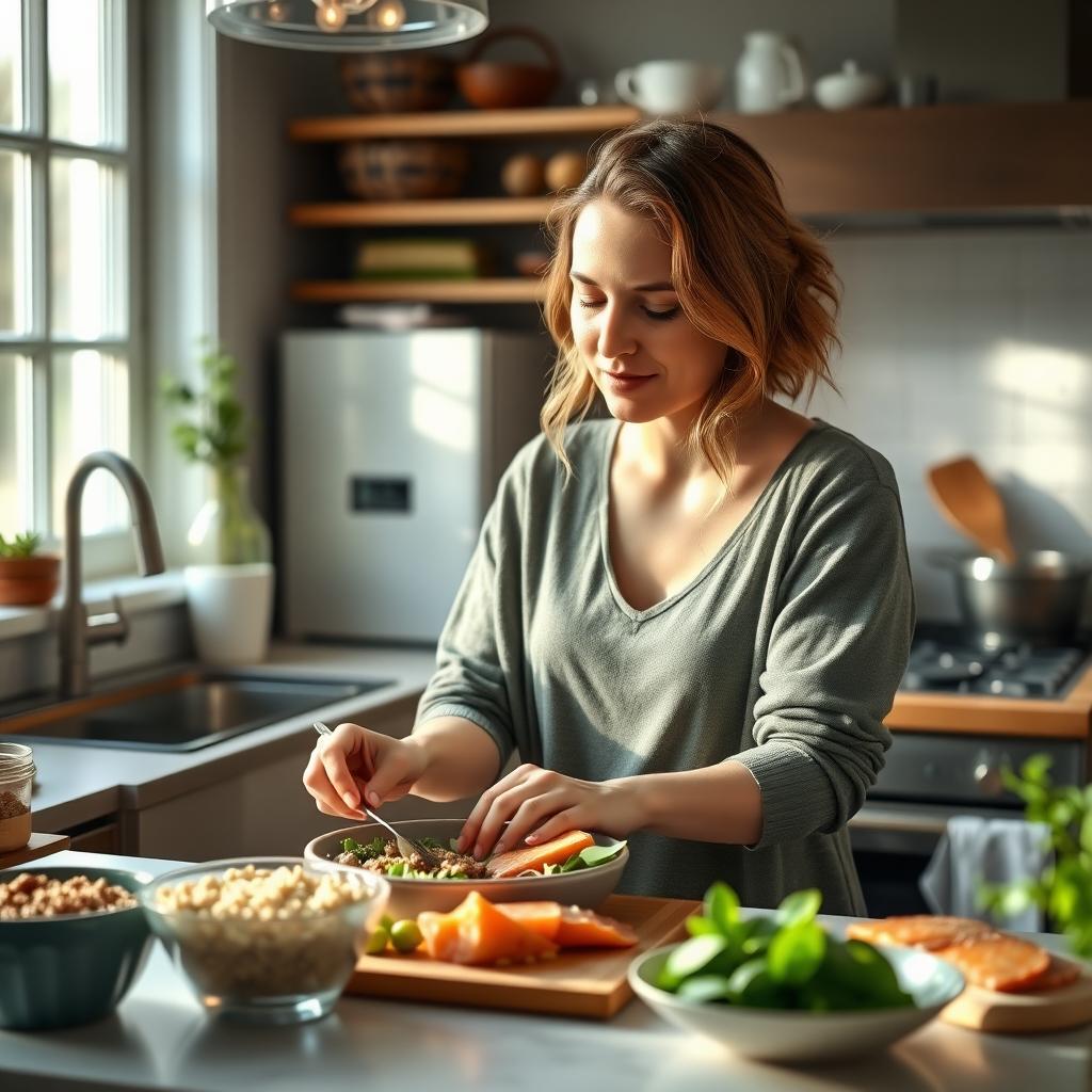 A woman preparing a fertility-friendly meal with quinoa and spinach in a cozy kitchen.