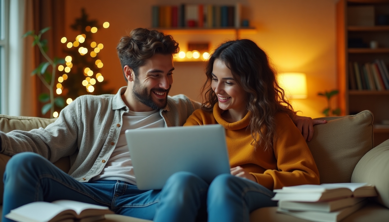 A hopeful couple reviewing medical and wellness information on a laptop.