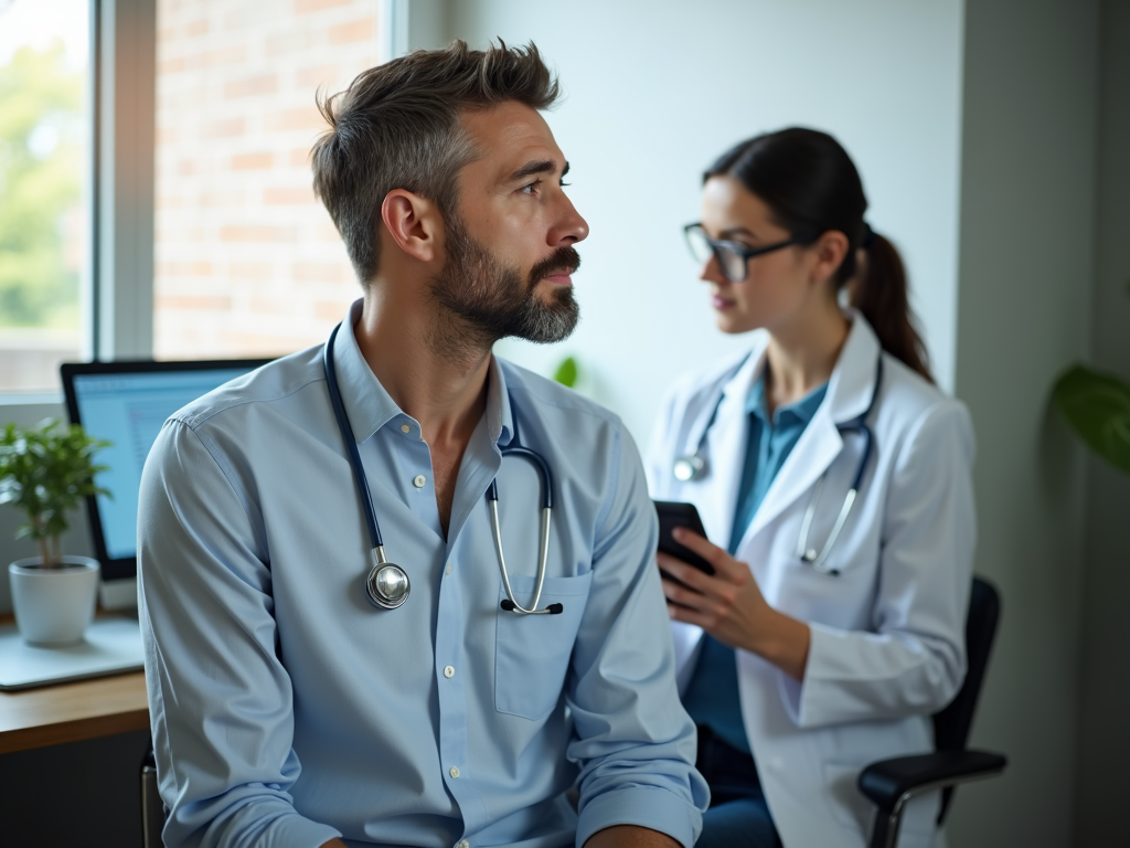 A man consulting with a doctor about male infertility treatments.