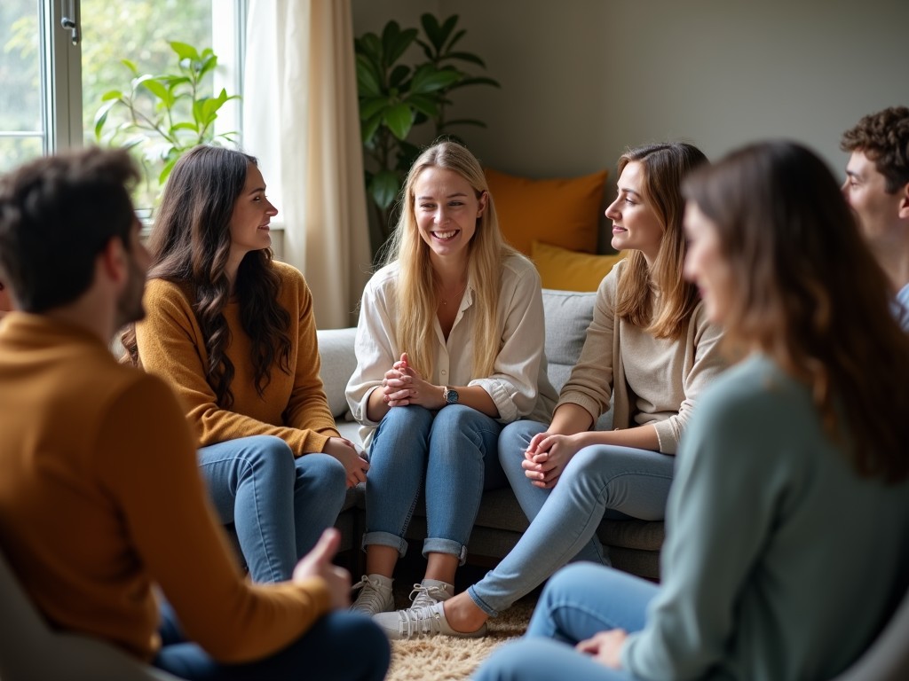 A small group of people in a support meeting, sharing their experiences and offering support.