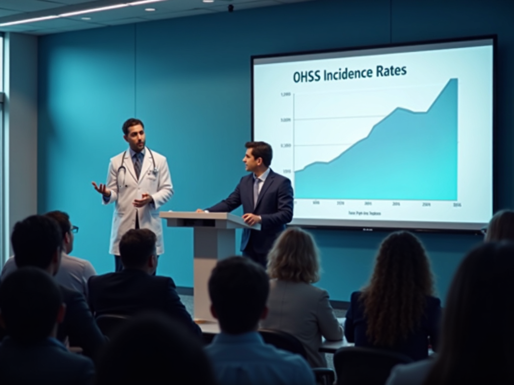 A doctor presenting data on Ovarian Hyperstimulation Syndrome at a medical conference.