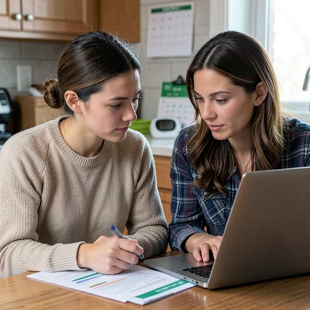 Couple comparing fertility financing options at home