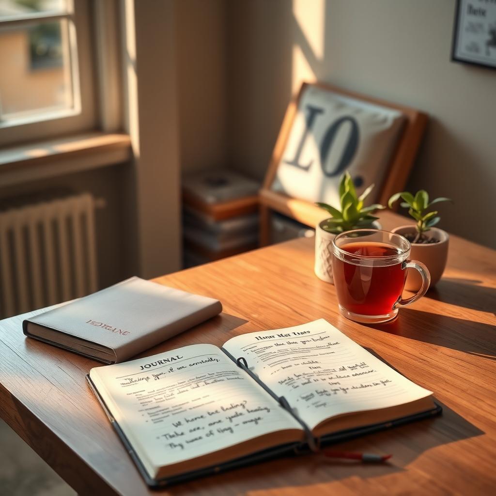 A cozy desk with an open journal, herbal tea, and a potted plant in warm morning light.