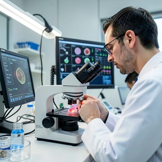Embryologist conducting embryo biopsy for genetic testing in IVF lab