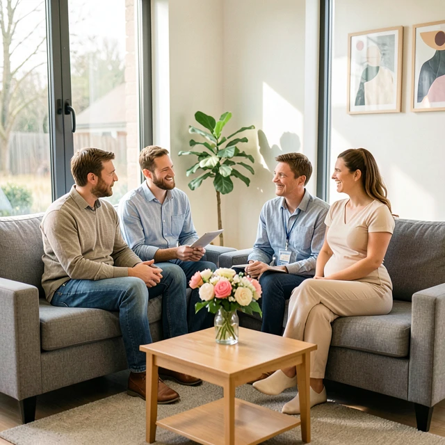 Intended parents and surrogate connecting in a fertility clinic