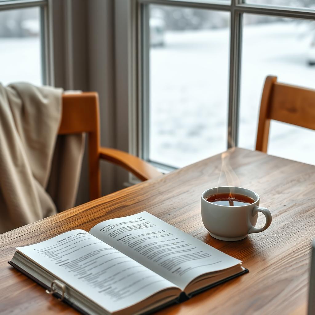 A cozy home office with an open journal, herbal tea, and a snowy view outside the window.