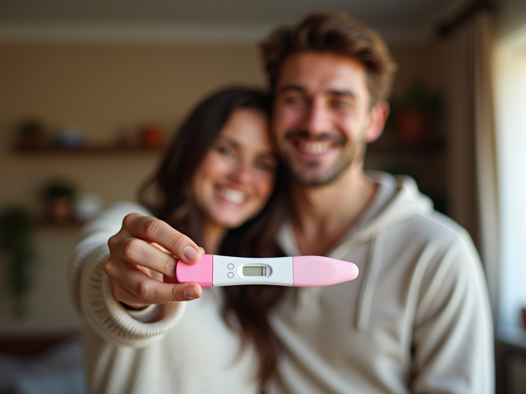 Couple celebrating a positive pregnancy test