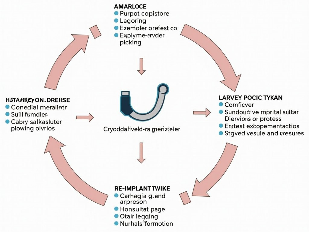 Illustration showing the steps involved in ovarian tissue freezing and re-implantation.