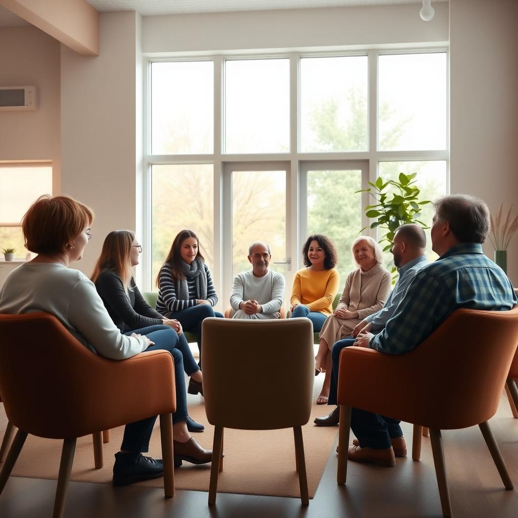A diverse group in a support meeting in a bright community center.