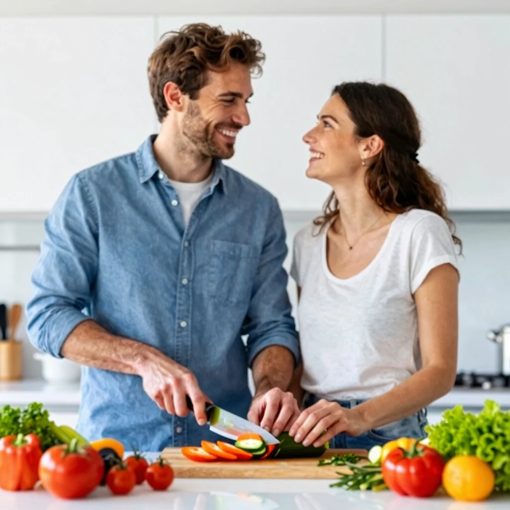 Couple happily cooking a healthy meal together in the kitchen