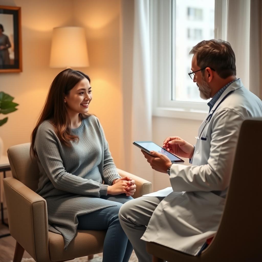 Couple consulting with a fertility specialist in a cozy office.