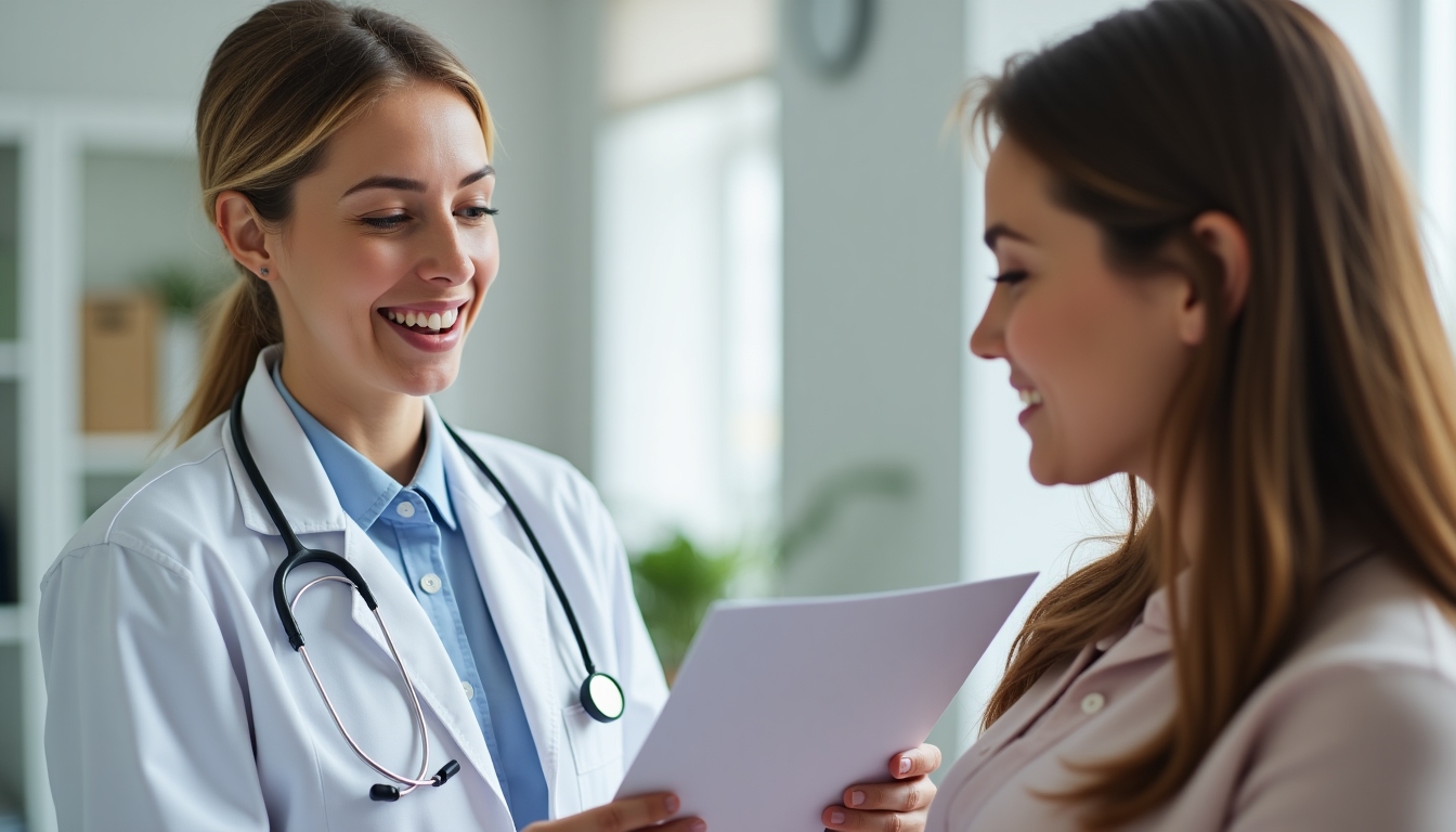 A reassuring image of a female doctor discussing IVF procedures with a patient in a clinic.