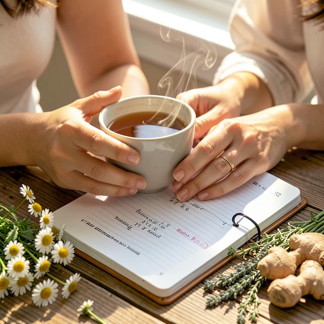 Woman enjoying herbal tea while journaling fertility progress
