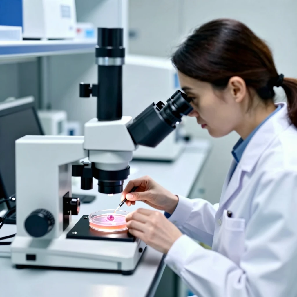 Embryologist performing a gentle biopsy on an embryo under a microscope