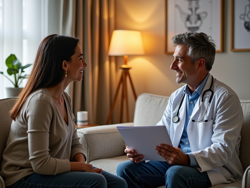 A warm, supportive consultation setting with a doctor and a couple discussing IVF options.