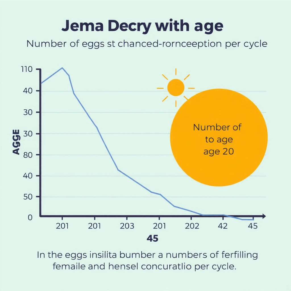 Scientific graph illustrating the decline in female fertility, egg quantity, and monthly conception chances from ages 20 to 45