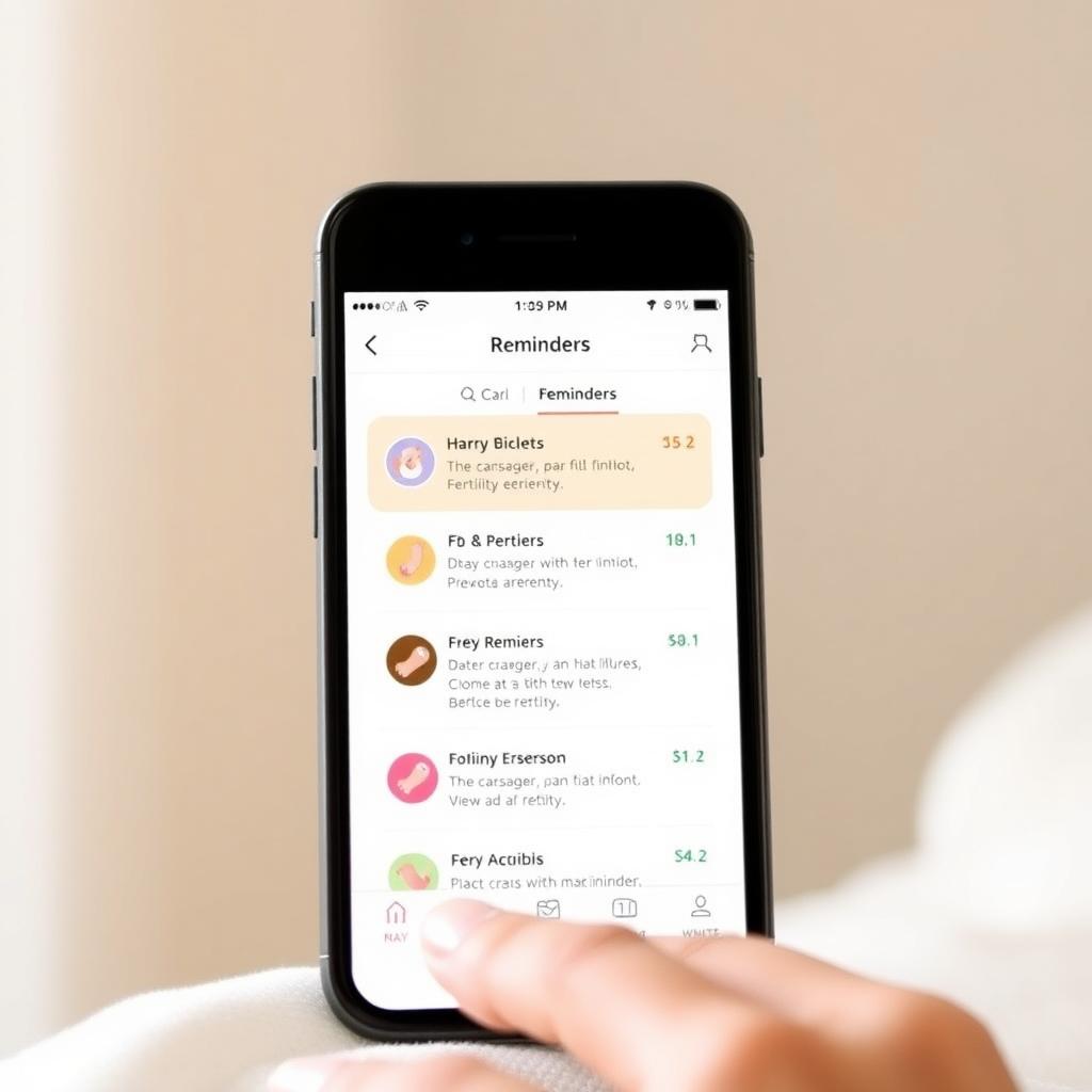 A smartphone screen showing a fertility app with reminders set for medication times. The background is blurred, keeping the focus on the tool that helps manage the schedule.