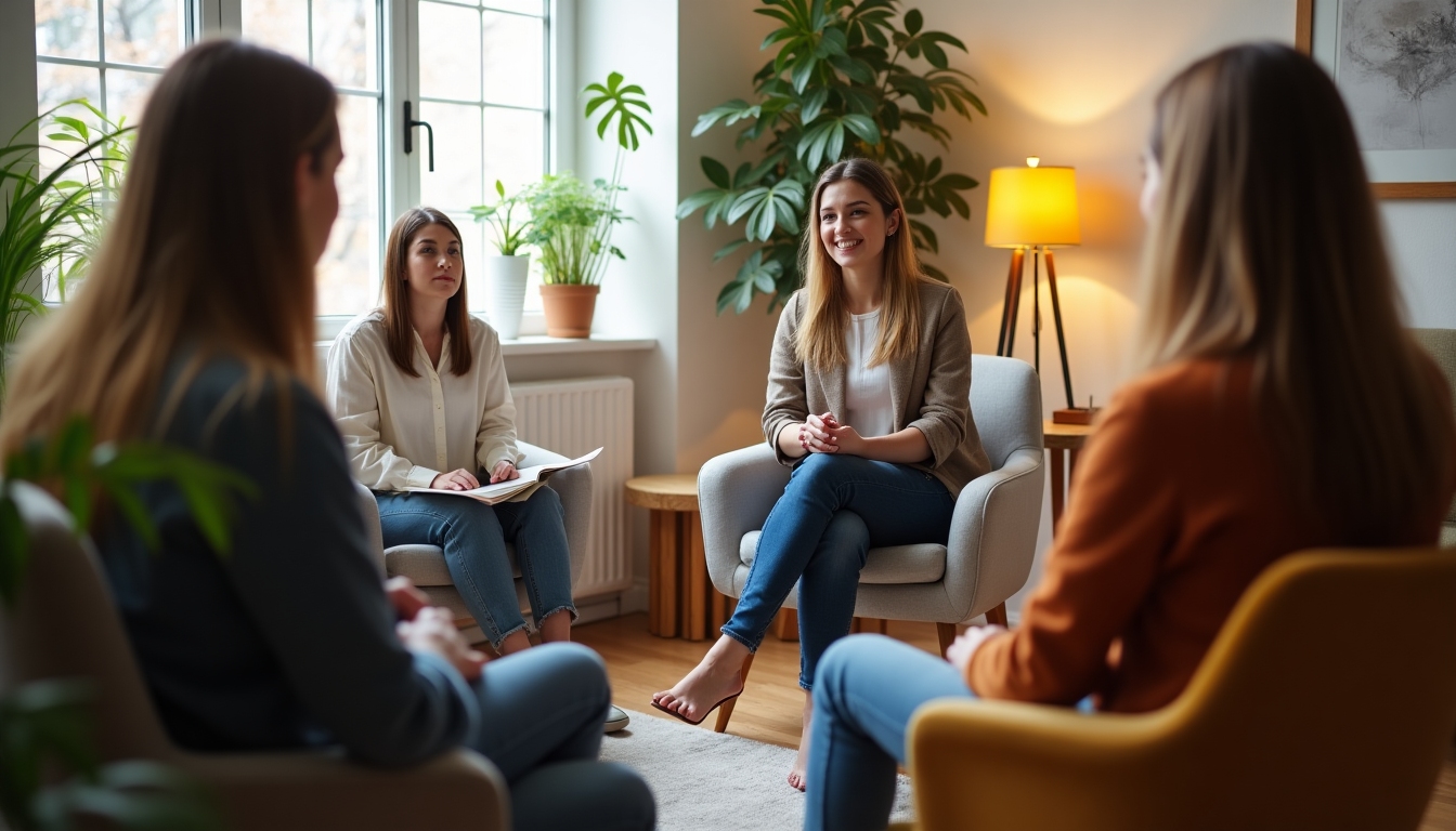 A welcoming counselor talking to a small group in a fertility clinic styled interior.