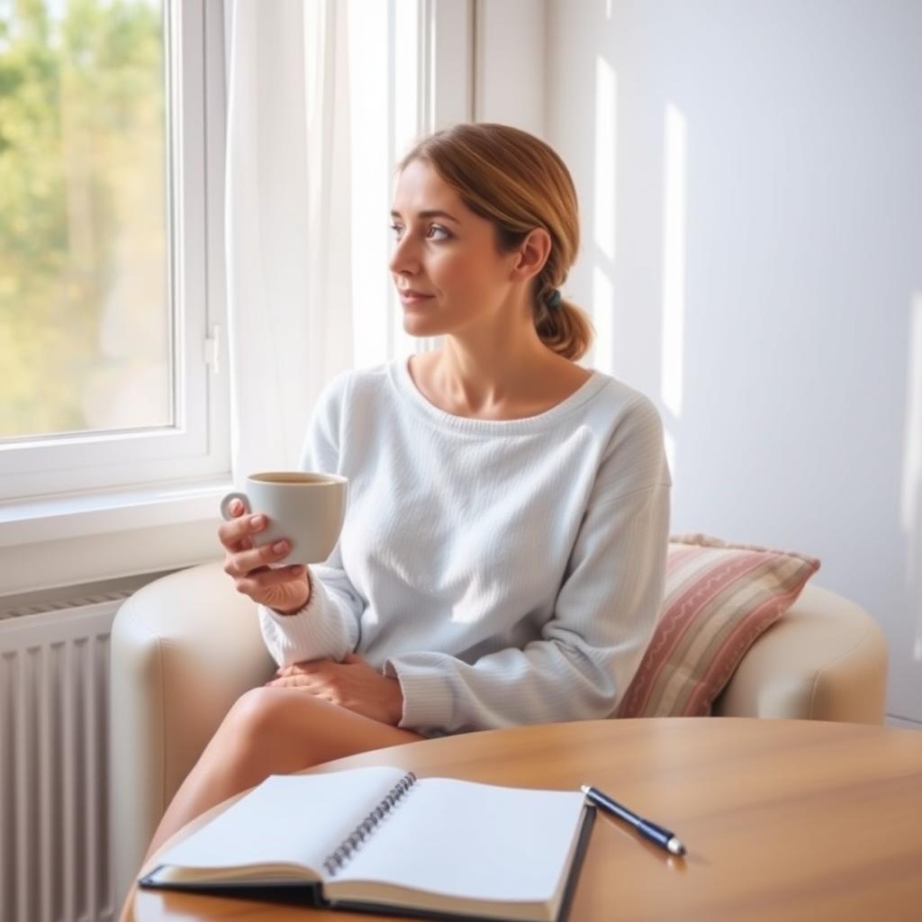 Woman reflecting in a sunlit room with a cup of tea and a notebook
