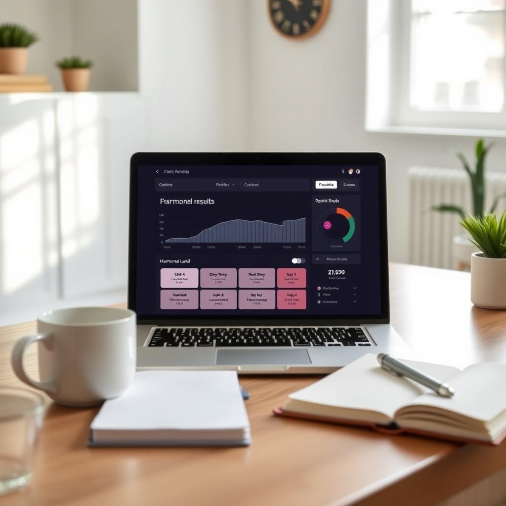 Laptop displaying fertility app results on a desk in a modern home office.