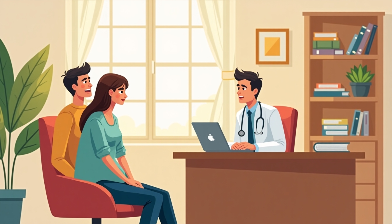 Couple consulting with a fertility specialist in a warm, welcoming office.