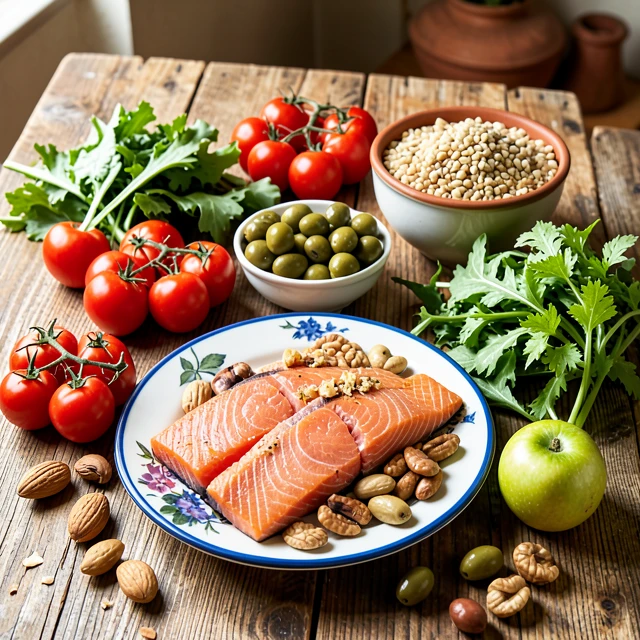 Colorful Mediterranean meal featuring fertility-boosting foods like fish, vegetables, nuts, and fruits