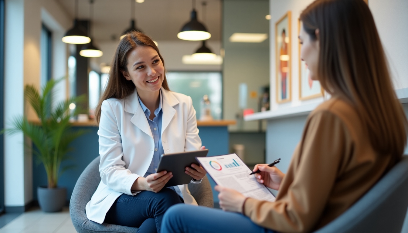 A practitioner explaining a health plan with a client in a cozy setting.