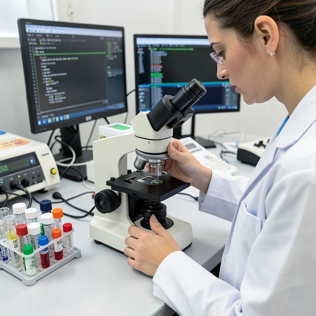 Lab technician performing semen analysis for infertility diagnosis