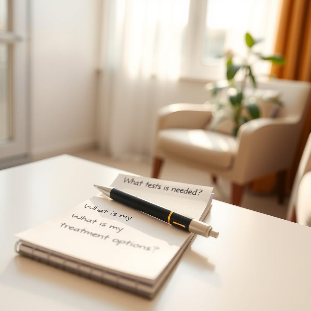 Notepad with handwritten questions on a desk in a fertility clinic consultation room, with soft light and a potted plant.