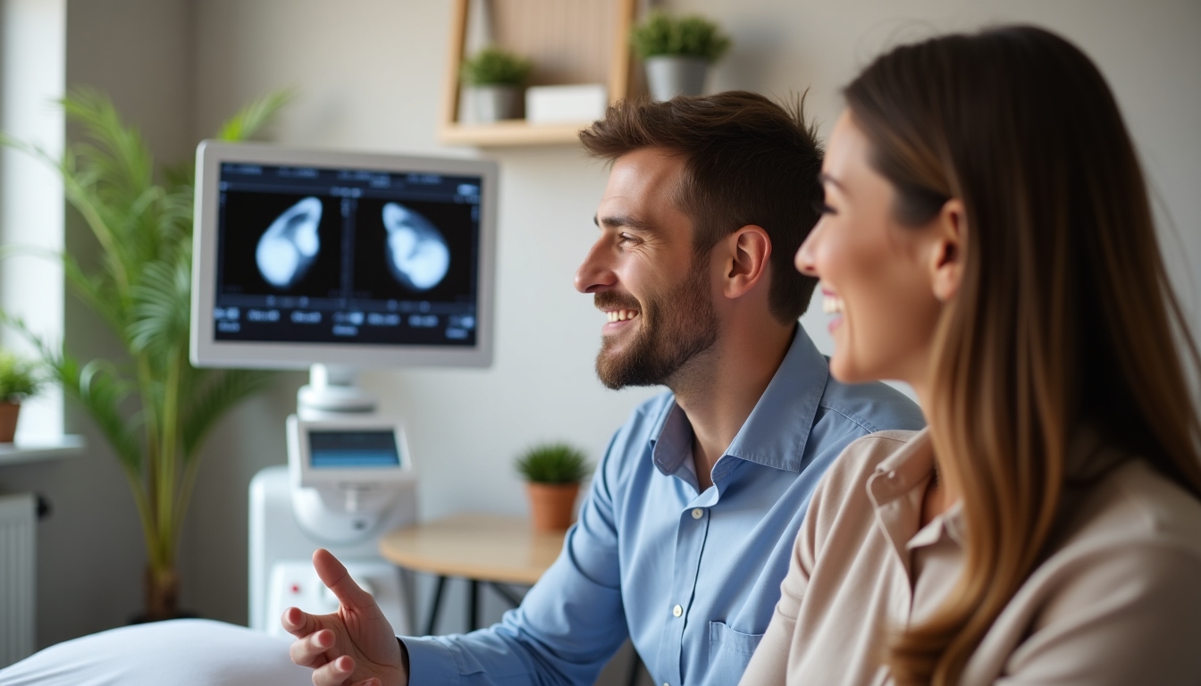 A fertility specialist showing an ultrasound image to a couple in a clinic