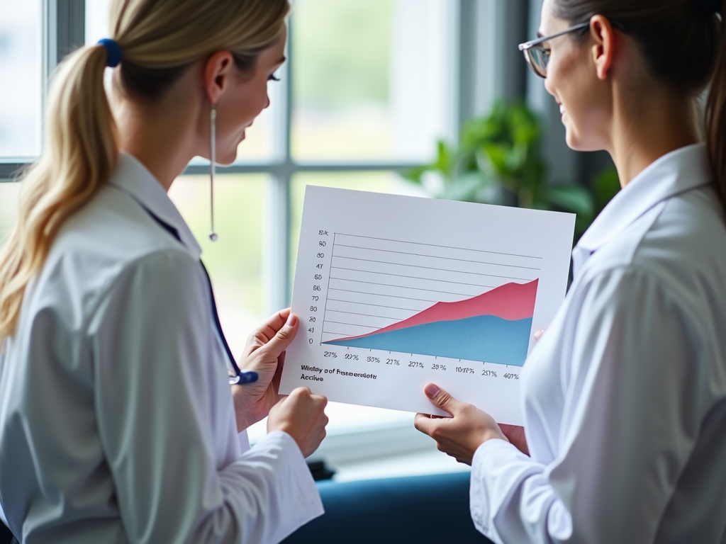 A doctor pointing to a chart, explaining fertility preservation success rates to a patient.