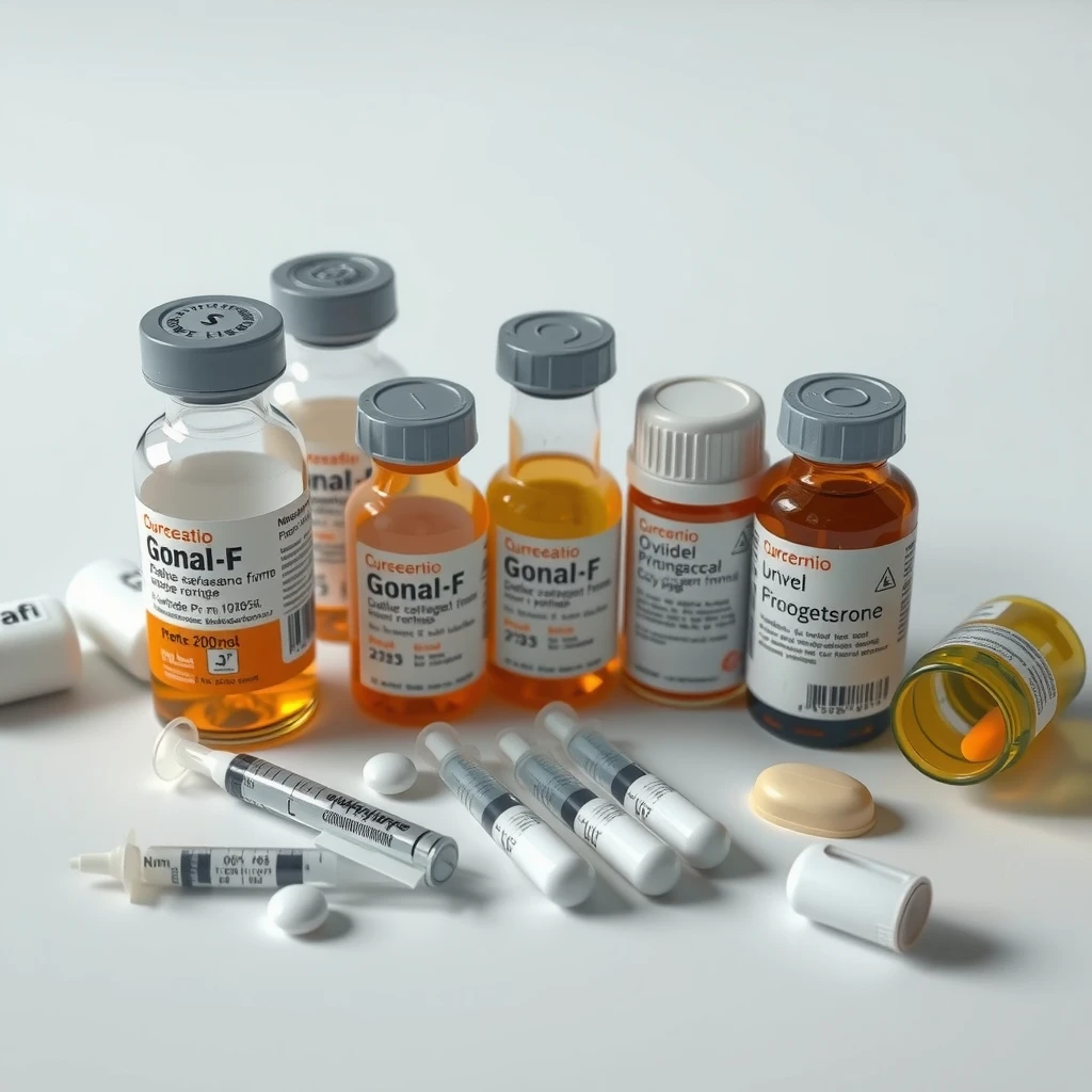 Various IVF medication vials, syringes, and pills arranged on table