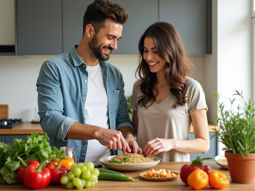 A couple cooking a healthy meal together, highlighting the role of diet in boosting IVF success.