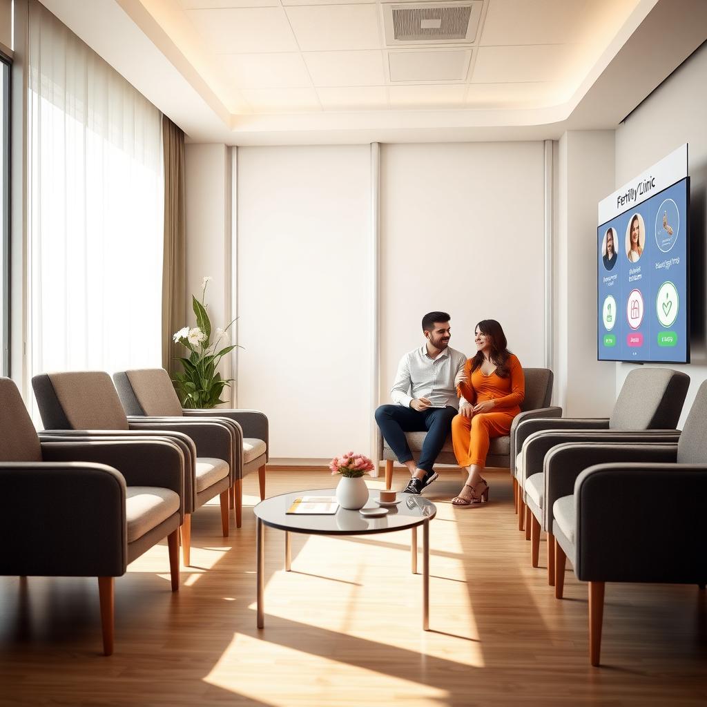 Bright and welcoming fertility clinic waiting room with a couple holding hands