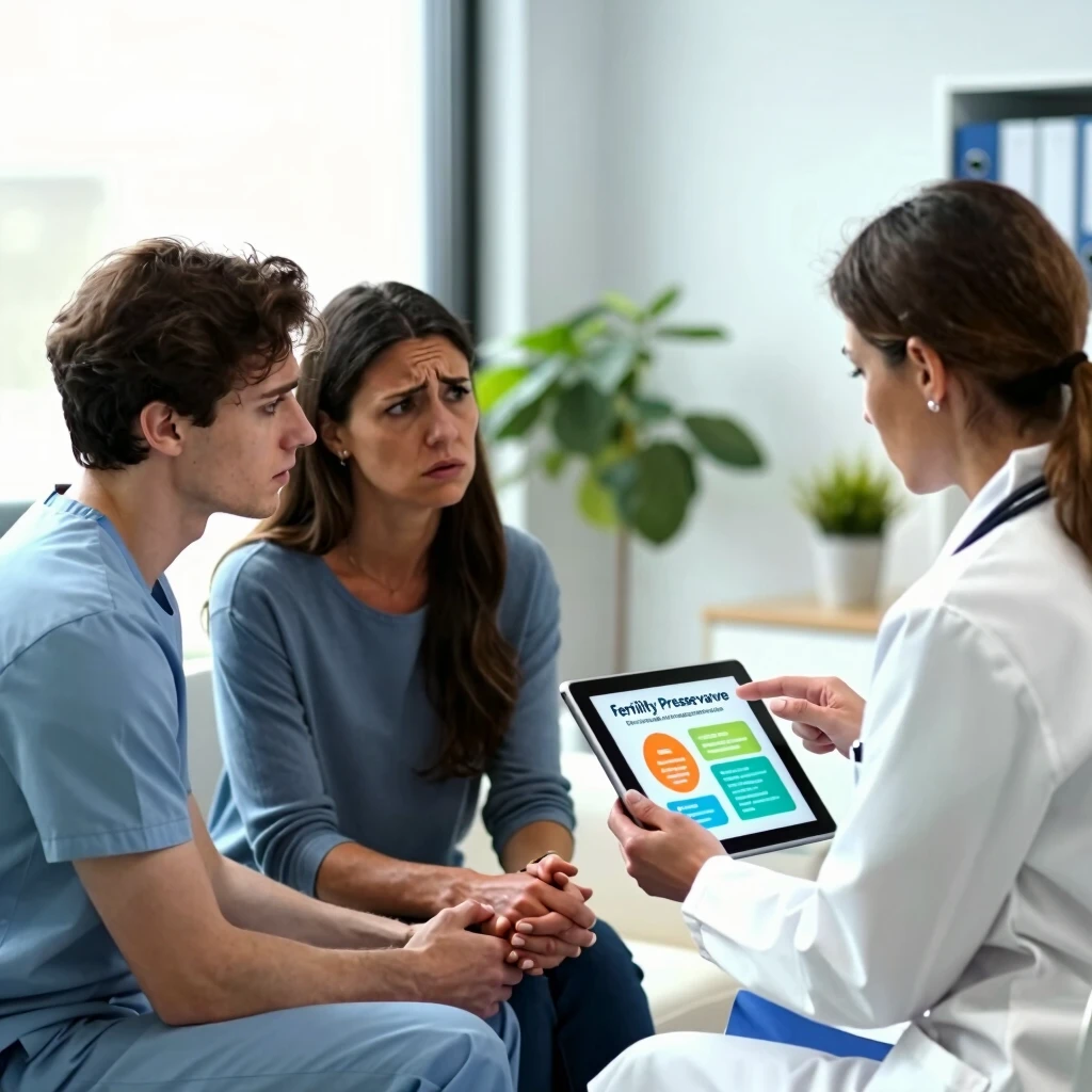Couple discussing fertility preservation options with doctor after cancer diagnosis