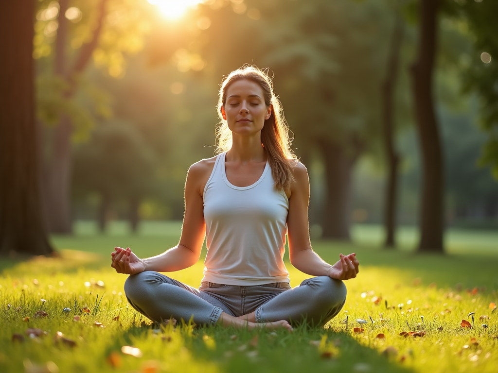 Woman practicing deep breathing in a park
