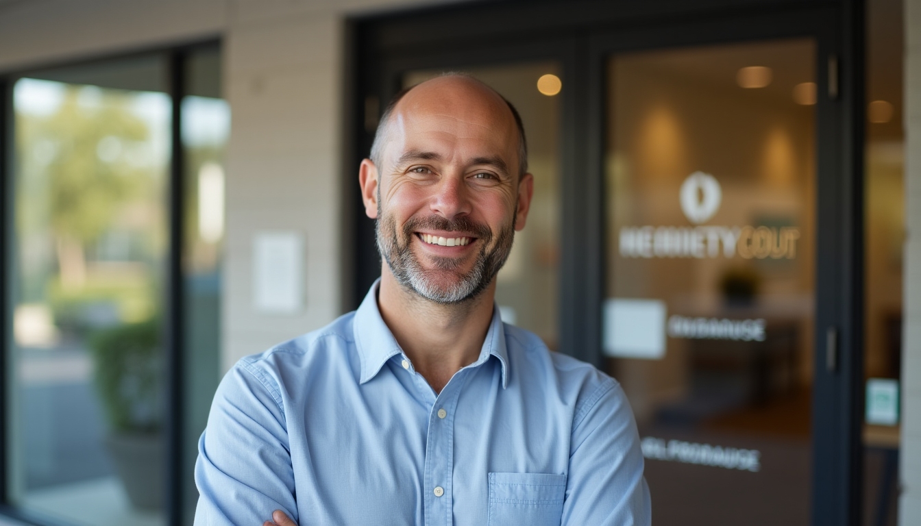 A man smiling confidently outside a health clinic, symbolizing the peace of mind after sperm banking.