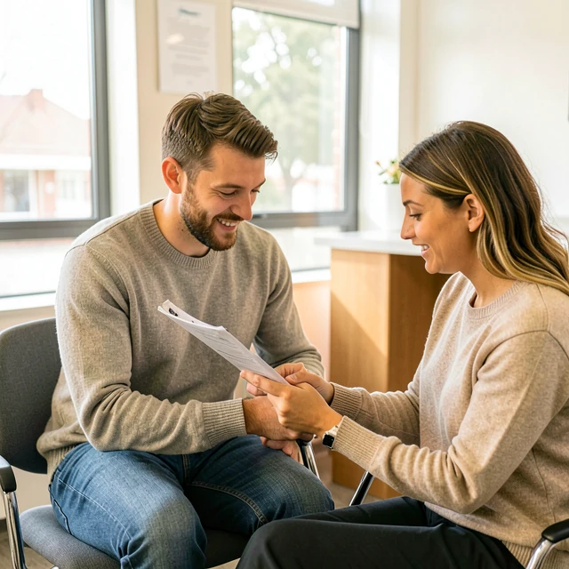 Couple reviewing insurance in fertility clinic