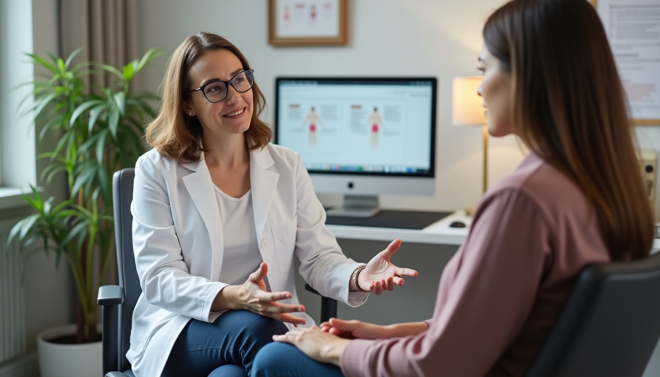 A medical expert explaining fertility preservation options to a transgender person in a calm, clinical office setting.