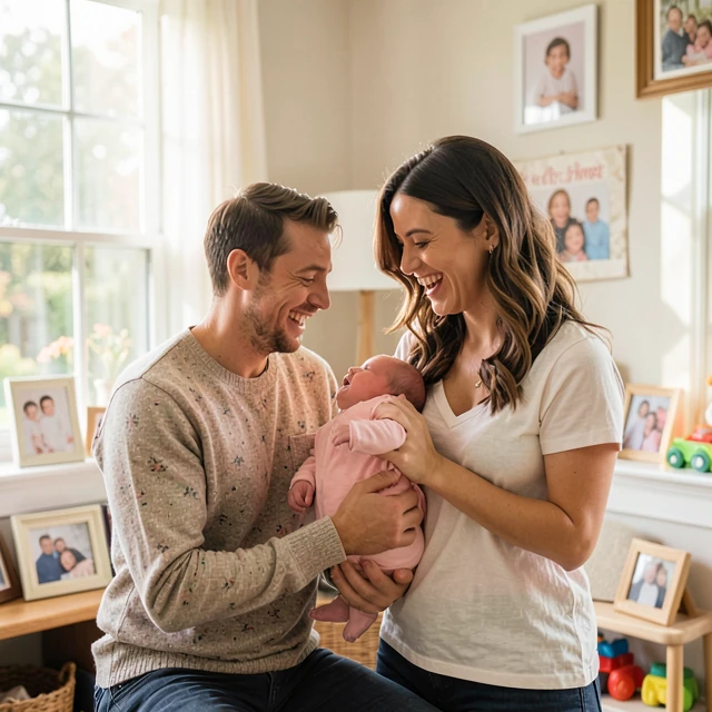 Couple with newborn after fertility treatment success