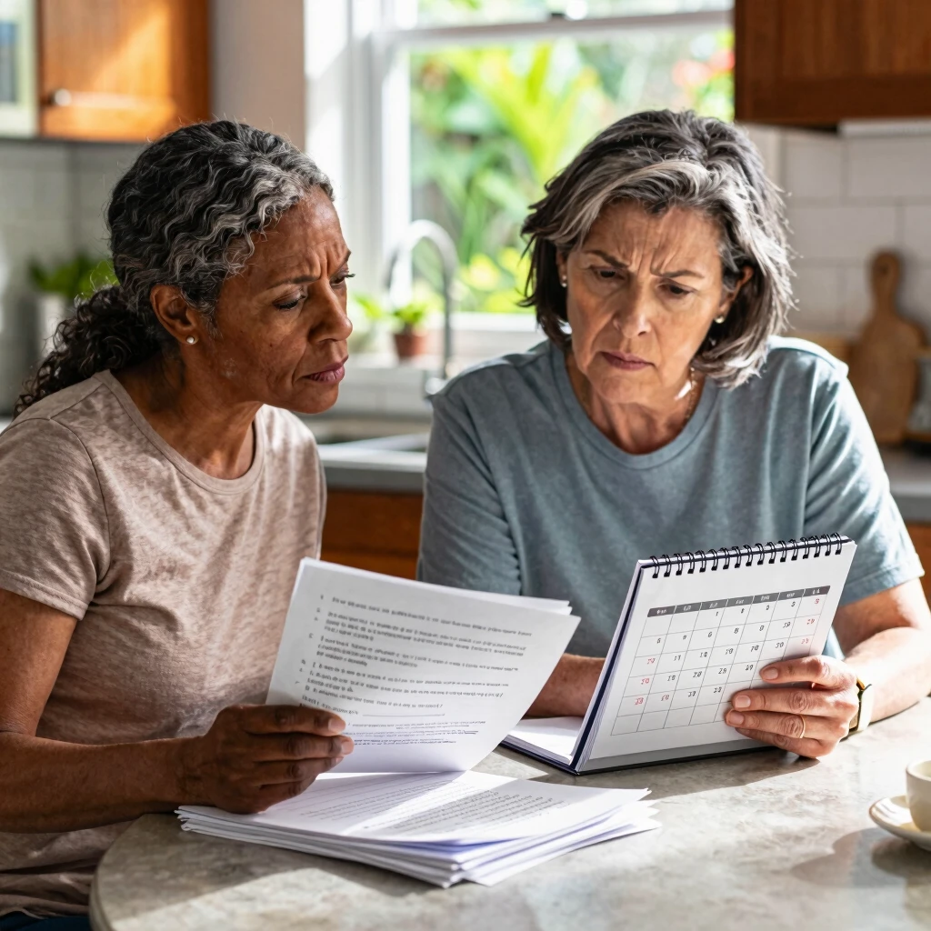Couple thoughtfully preparing documents and questions for their upcoming fertility clinic appointment