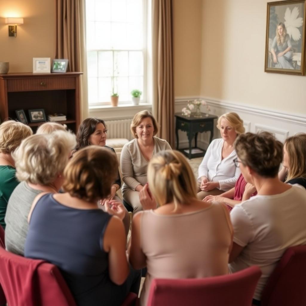 Women gathered in a support group, sharing their experiences in a safe and welcoming environment.