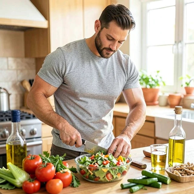 Man preparing fresh Mediterranean salad in kitchen