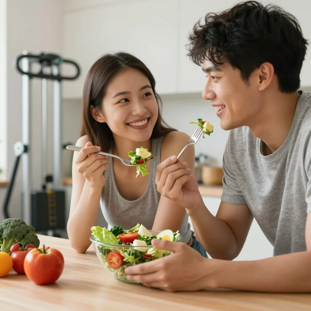 Couple enjoying organic food and maintaining an active lifestyle to safeguard reproductive health