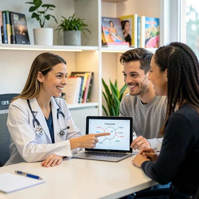 Doctor explaining IVF process to a couple in clinic