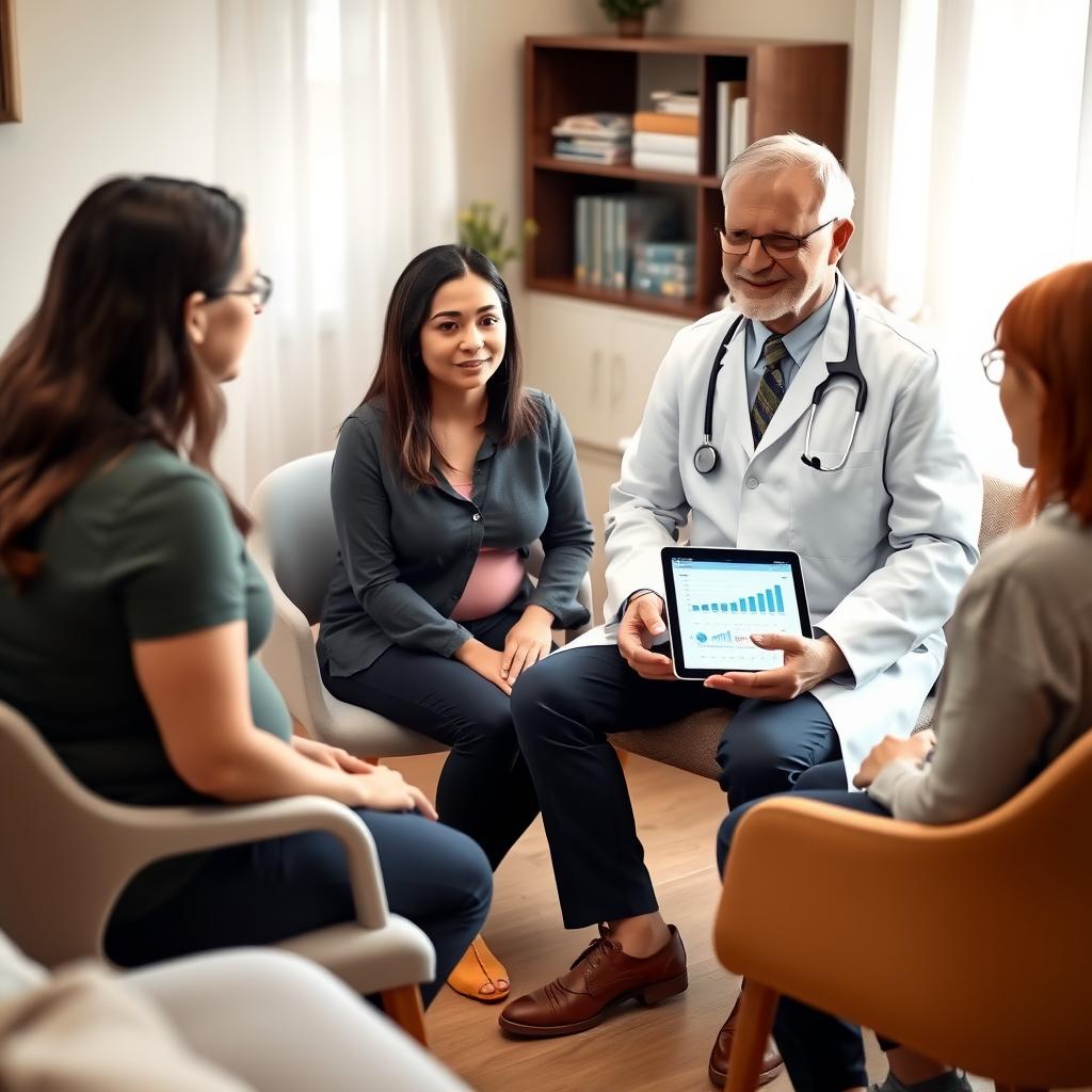 Doctor consulting with a couple in a warm, inviting fertility clinic office